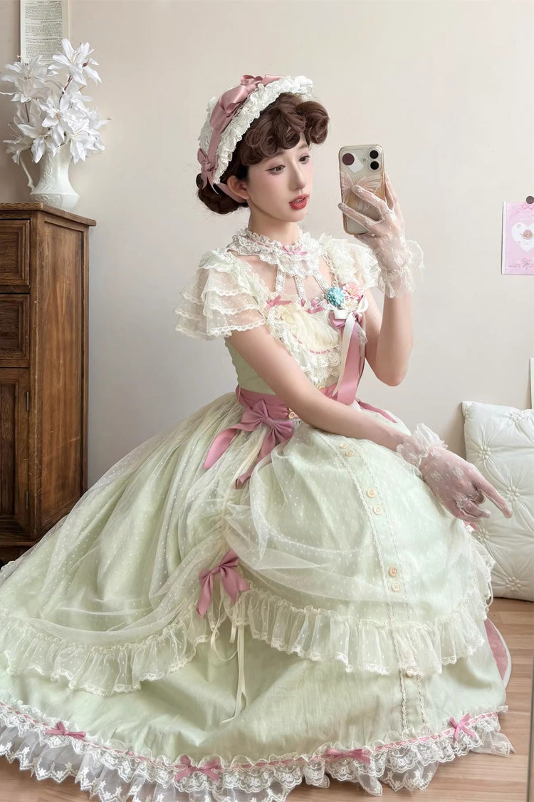 Green Sakura's Spring Resonance Sleeveless Ruffled Bow Sweet Lolita Jsk Dress (Long Version)
