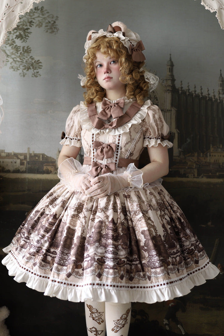 Brown Teddy Bear Party Round Collar Short Sleeves Printed Ruffled Bow Daily Sweet Lolita Dress