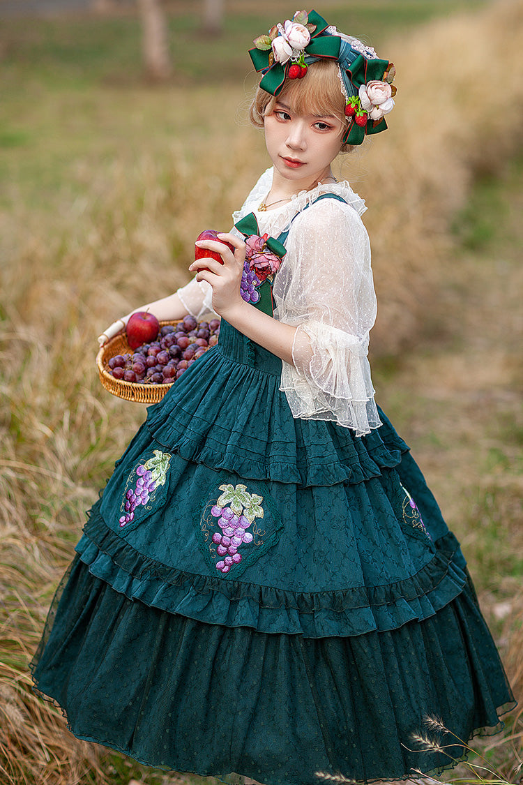 Green Vineyard Sleeveless Jacquard Print Ruffle Embroidery Sweet Lolita Jsk Dress