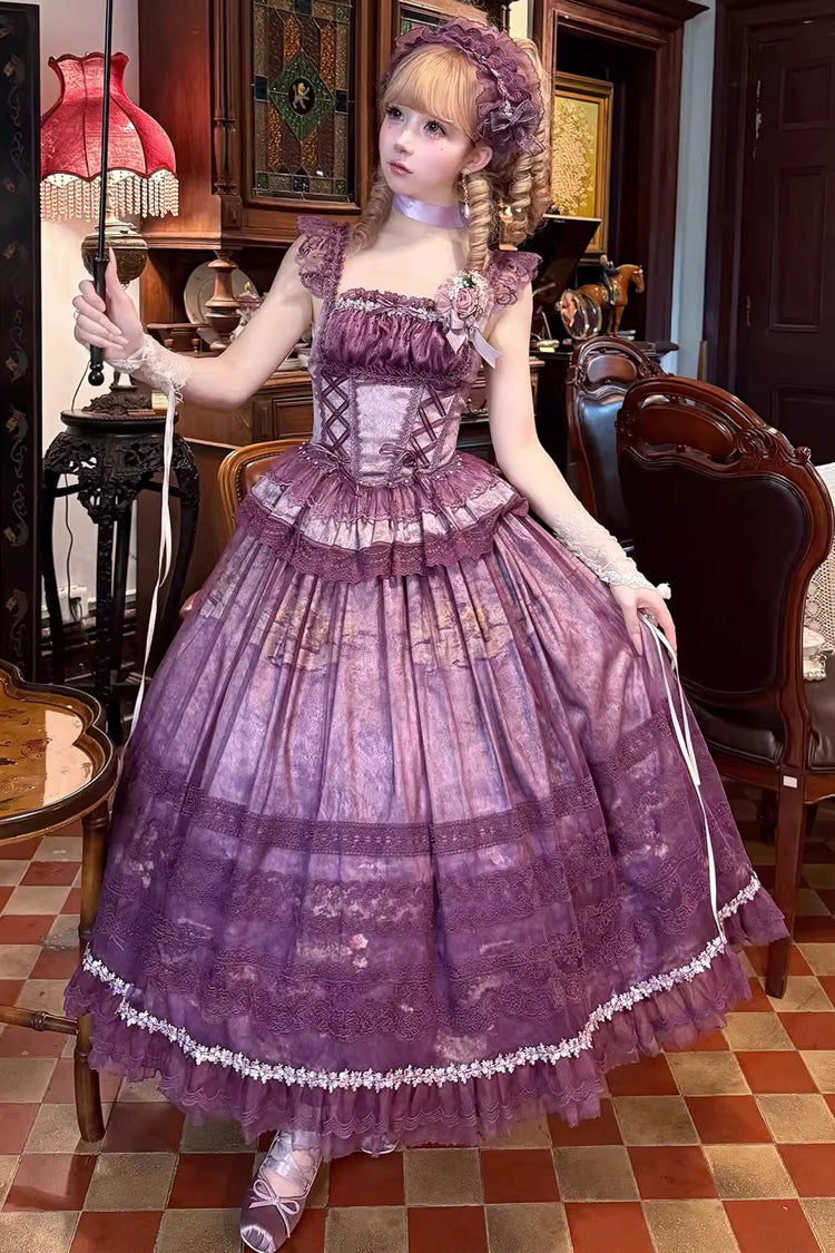 Purple Mist-shrouded Vineyard Sleeveless Ruffle Bowknot Lace-Up Sweet Lolita Jsk Skirt Dress Set