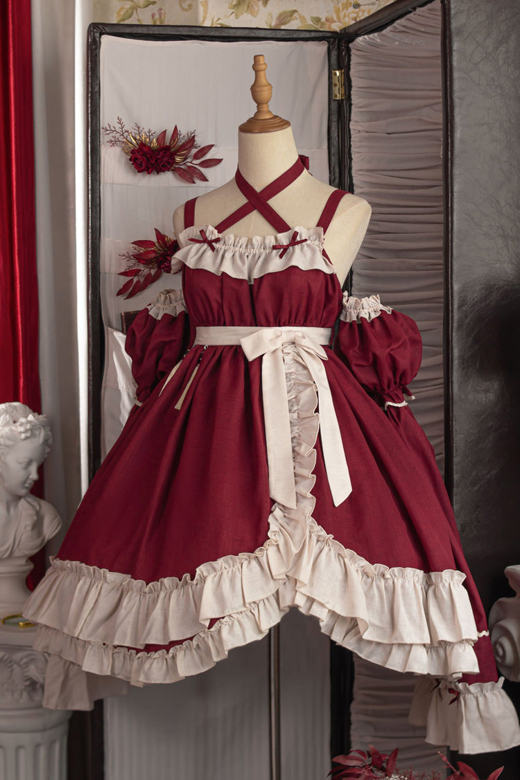 Red Monet Estate Sleeveless High Waisted Ruffle Bowknot Asymmetric Gothic Lolita Jsk Dress
