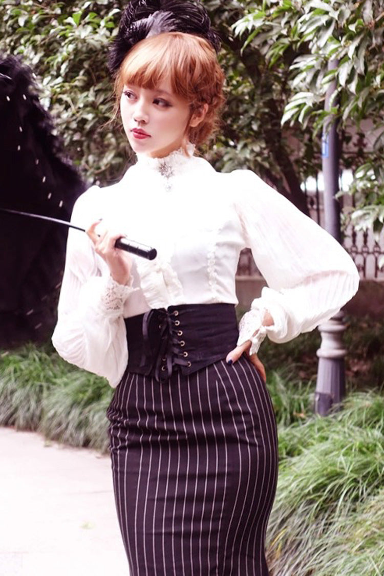 Black Lorelei Double-Layered Striped Print Ruffle Gothic Elegant Lolita Mermaid Maxi Skirt