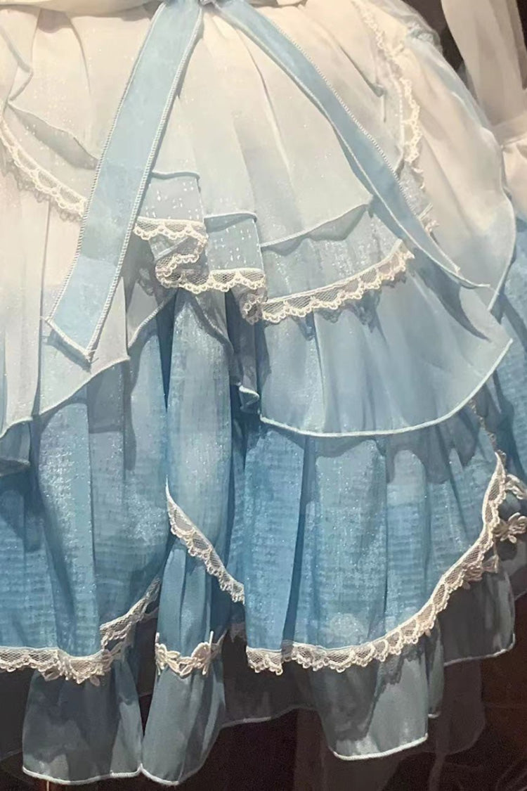 White/Blue Gradient Multi-layer Ruffle Bowknot Lace Sweet Lolita Jsk Dress