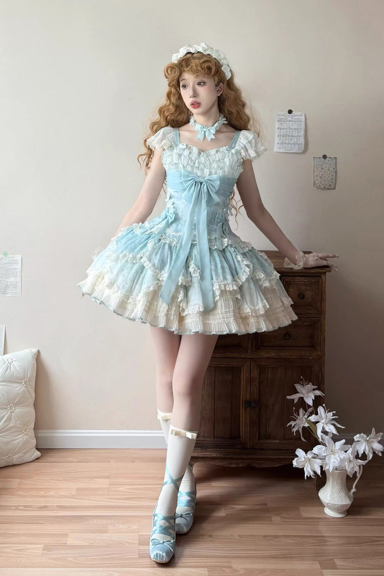 Green Floral Dream Short Sleeves Multi-Layered Ruffle Embroidery Bowknot Lace-Up Sweet Elegant Ballet Lolita Jsk Dress