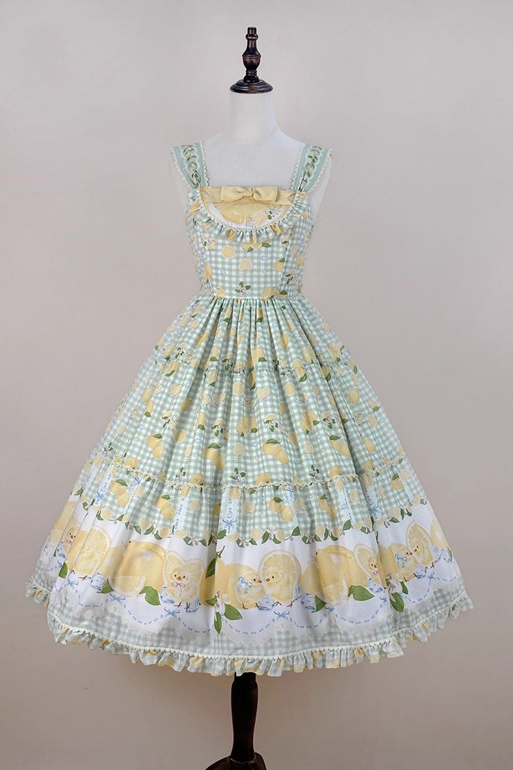 Green Lemon Chicken Print Ruffle Bowknot Lace Sweet Lolita Jsk Long Dress