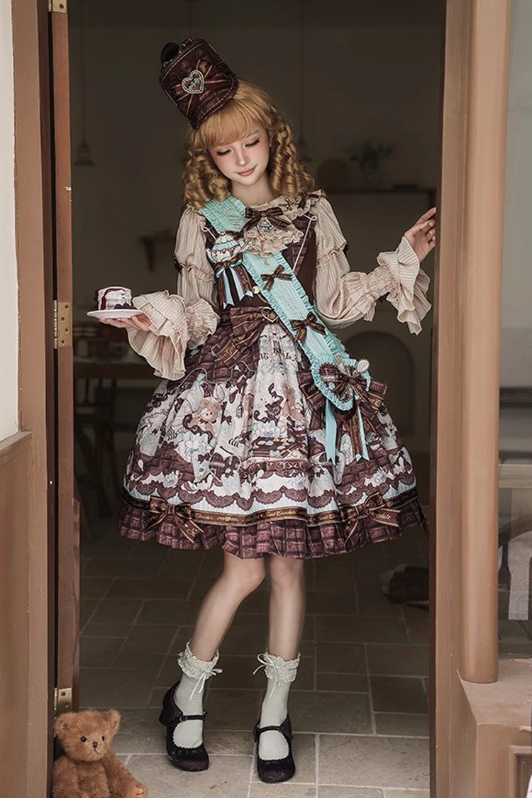 Brown Teddy Bear Chocolate Sleeveless Print Ruffle Bowknot Sweet Lolita Jsk Dress