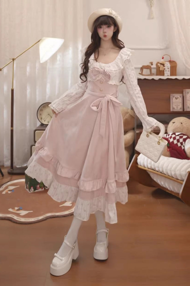 Pink Sakura Milk Cake Long Sleeves Double-Layered Bow Lace Sweet Princess Lolita Dress