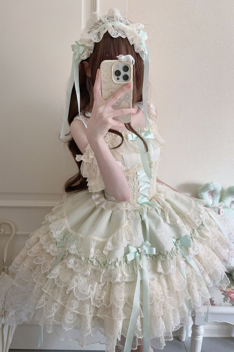 Green Ribbon Heart Love Sleeveless Multi-Layered Ruffle Bowknot Lace Lace-Up Sweet Princess Ballet Lolita Jsk Dress