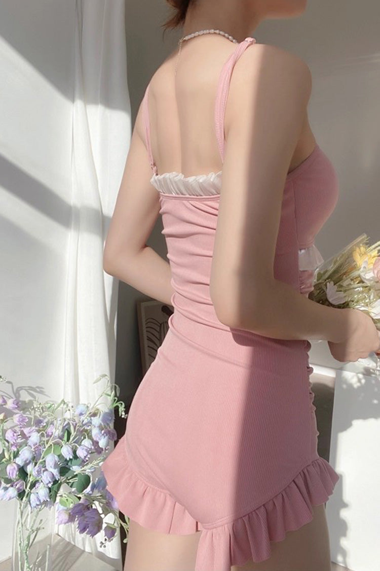 Pink Sleeveless Ruffle Cute Sweet Lolita Strapless One Piece Swimsuit