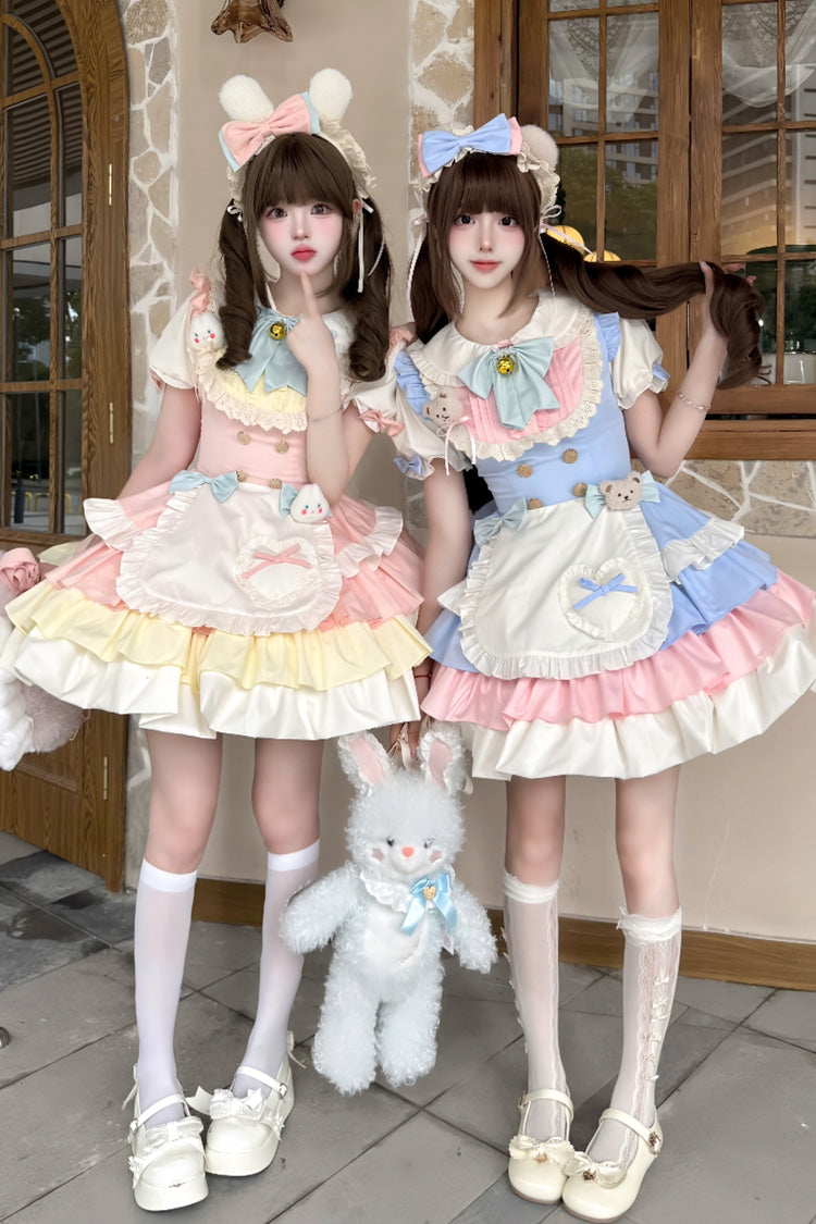 Yellow/Pink Cream Puffs Short Puff Sleeves Triple-Layered Ruffle Bowknot Sweet Lolita Dress