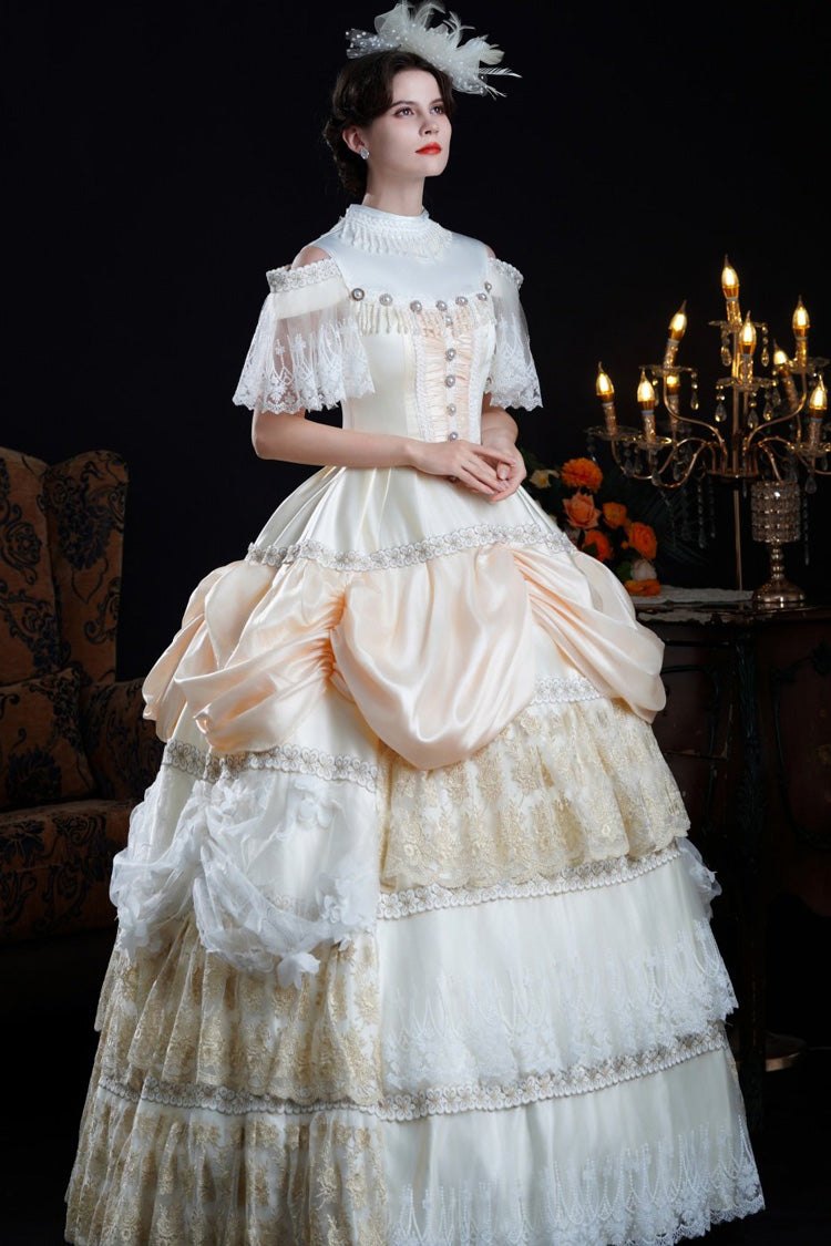 Champagne Stand Collar Multi-Layered Ruffled Lace Classic Vintage Palace Victorian Lolita Dress