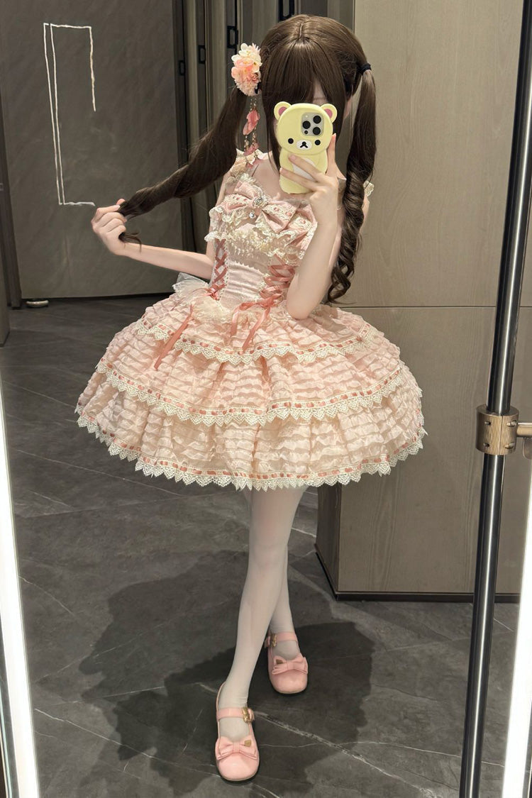 Pink Song of Floral Letters Sleeveless Triple-Layered Bowknot Lace-Up Sweet Lolita Jsk Dress