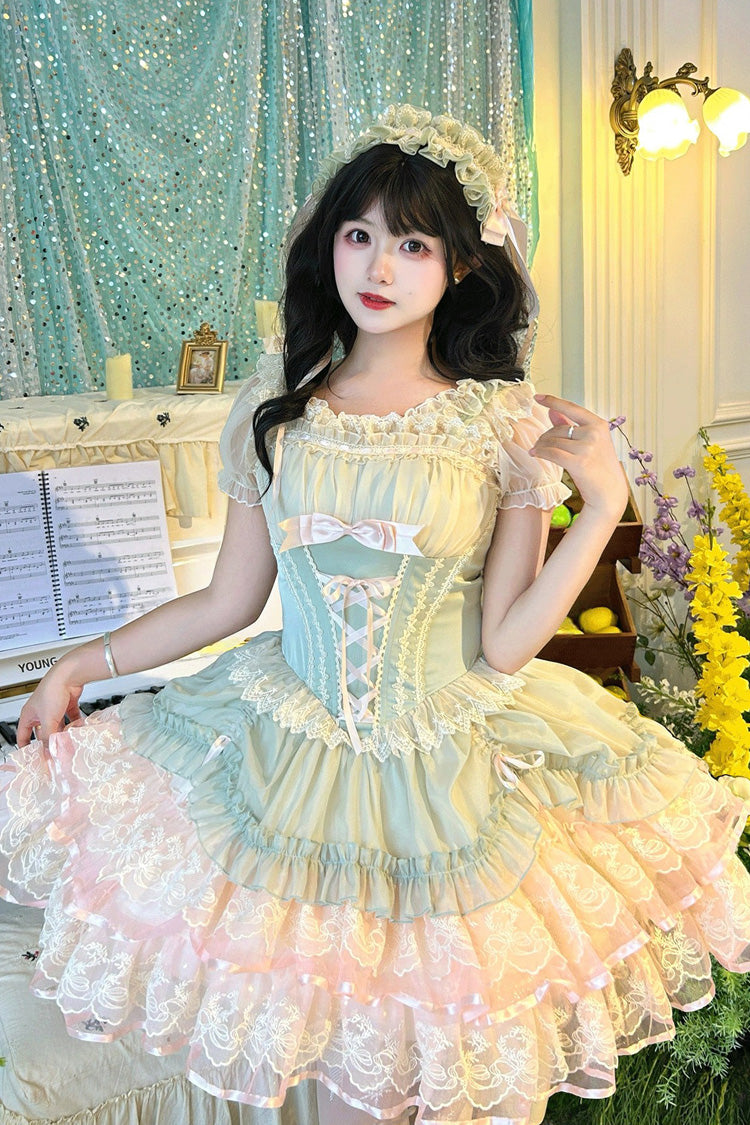 Green Bale Bebe Sleeveless Triple-Layered Ruffled Bow Lace-Up Sweet Ballet Lolita Dress
