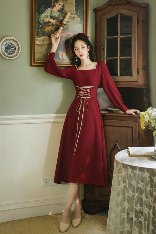 Wine Solid European Manor Square Collar Long Sleeves High Waisted Classic Lolita OP Dress