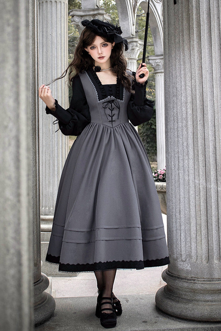 Grey Mist Chronicle Square Collar Long Sleeves Bowknot Lace-Up Color-Block Fake Two Pieces Classic Lolita Dress