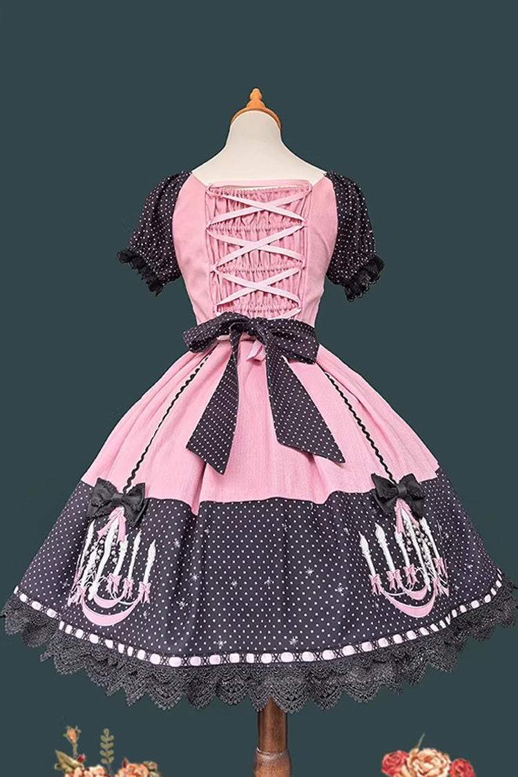Chandelier Printed Sweet Short Sleeves Bow Lace-Up Pearl-Decorated Lolita Dress 4 Colors