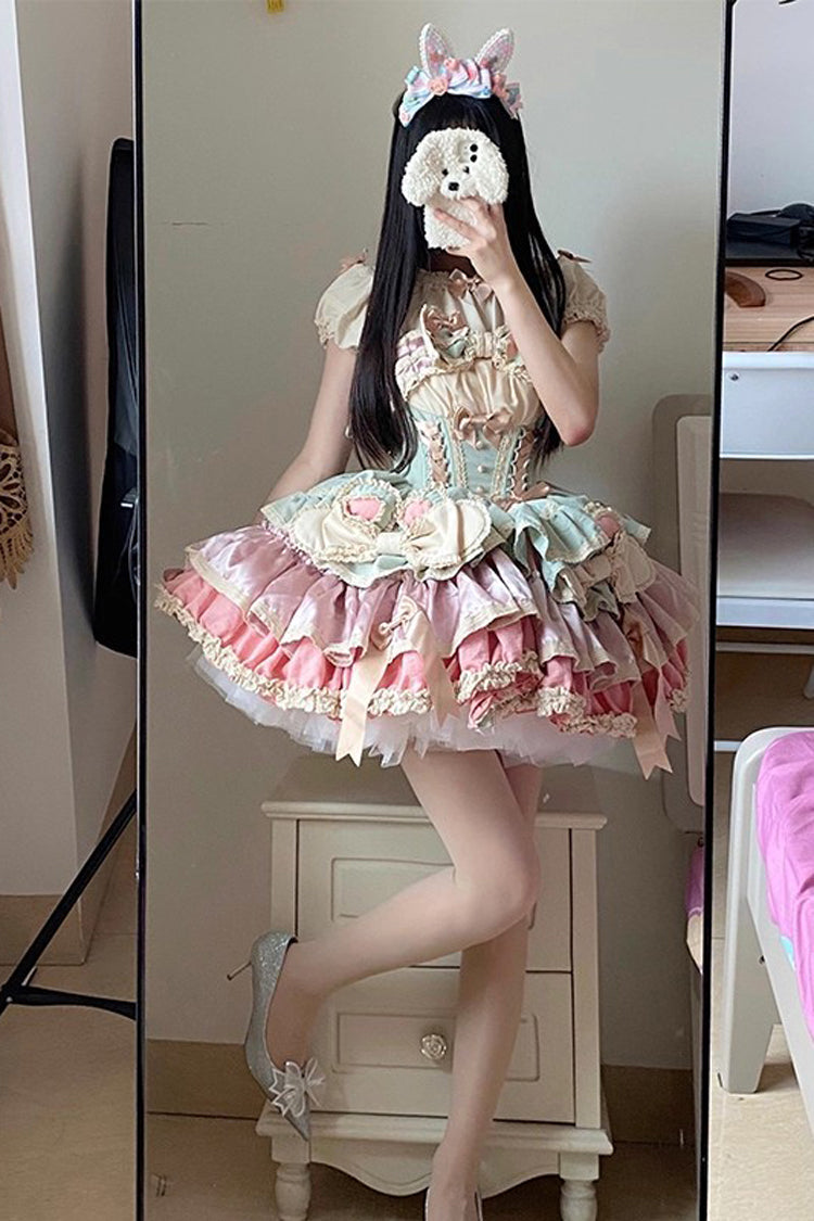 Ribbon Dance Multi-Layered Ruffle Bowknot Lace-Up Sweet Princess Lolita Dress 3 Colors