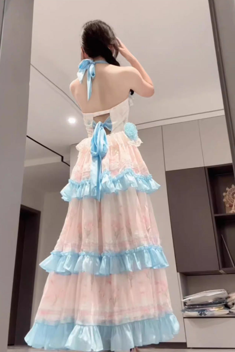 Blue/Pink Meet the Sea Triple-Layered Print Backless Ruffle Sweet Lolita Dress