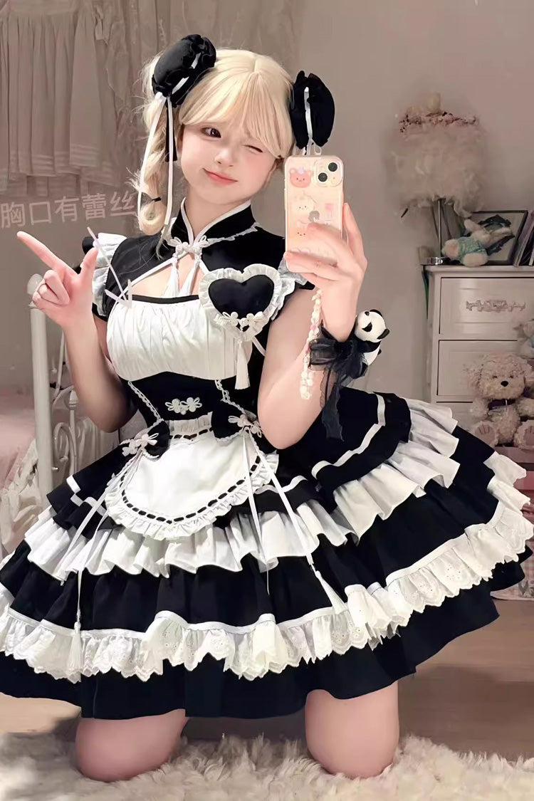 Black/White Multi-Layered Ruffle Sweet Chinese Style Maid Cheongsam Lolita Dress