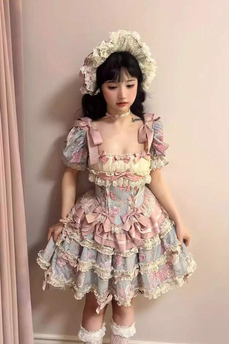 Blue/Pink Gem Rose Multi-Layered Ruffle Bowknot Lace Sweet Princess Lolita Skirt 2 Versions
