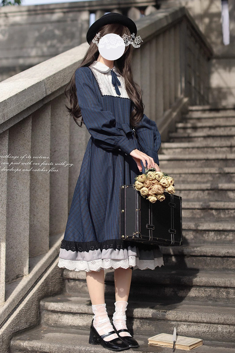 Dark Blue Phyllis Plaid Print Ruffle Bowknot Lace Vintage Elegant Lolita Dress
