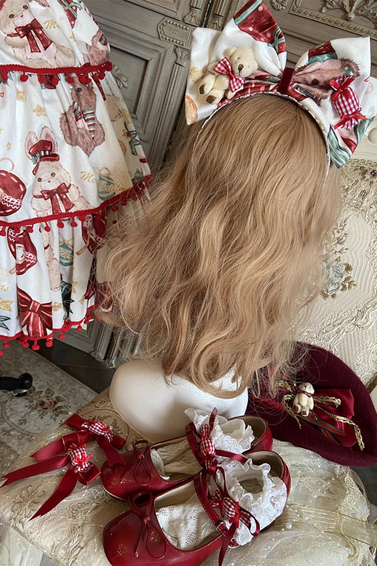 Red/White Christmas Bear Print Triple-Layered Ruffle Bowknot Sweet Princess Lolita Jsk Dress