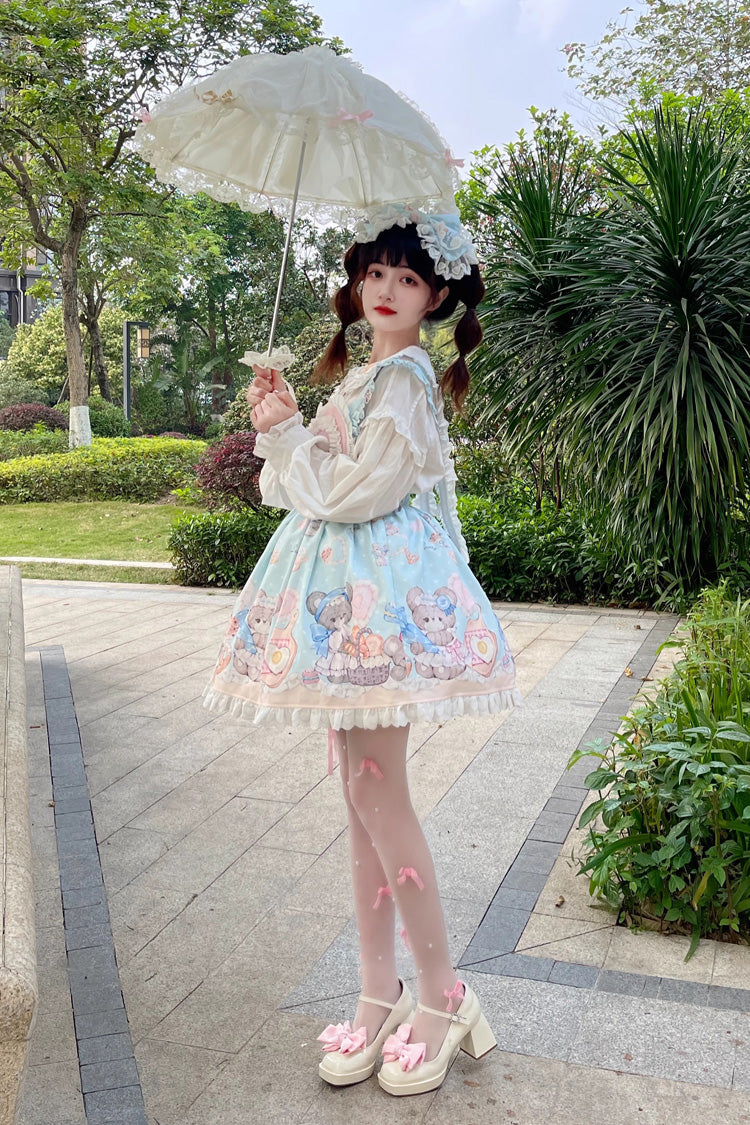 Blue Baked Bear Print Ruffle Sweet Lolita Skirt