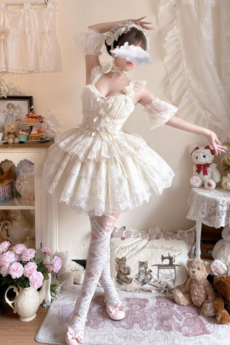 Ivory Tidal Triple-Layered Ruffle Bowknot Sweet Lolita Skirt 2 Versions