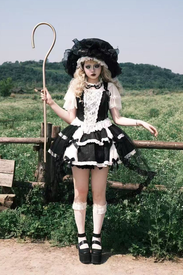 Black Twilight Double-Layered Ruffle Bowknot Lace Gothic Elegant Ballet Lolita Skirt Set