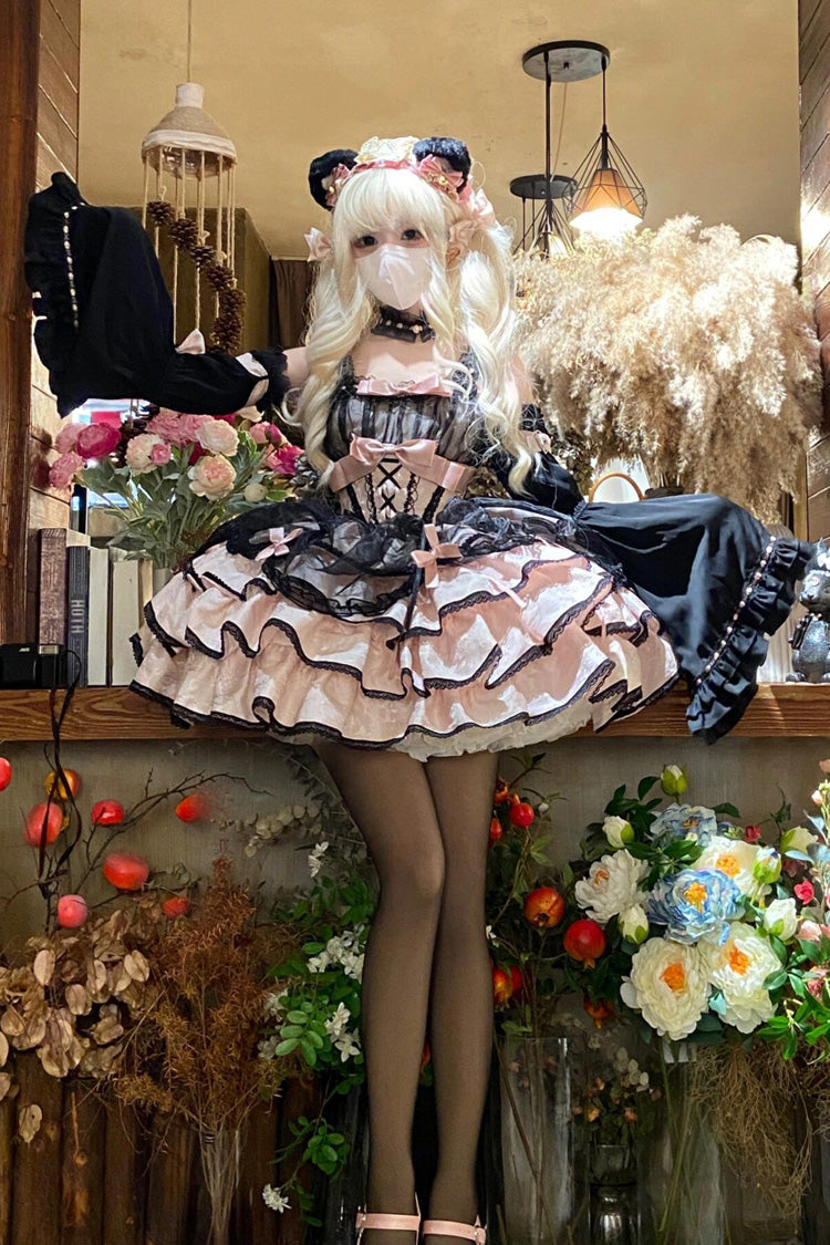 Black/Pink Sleeveless Multi-layer Ruffle Bowknot Lace-Up Gothic Princess Lolita Jsk Dress