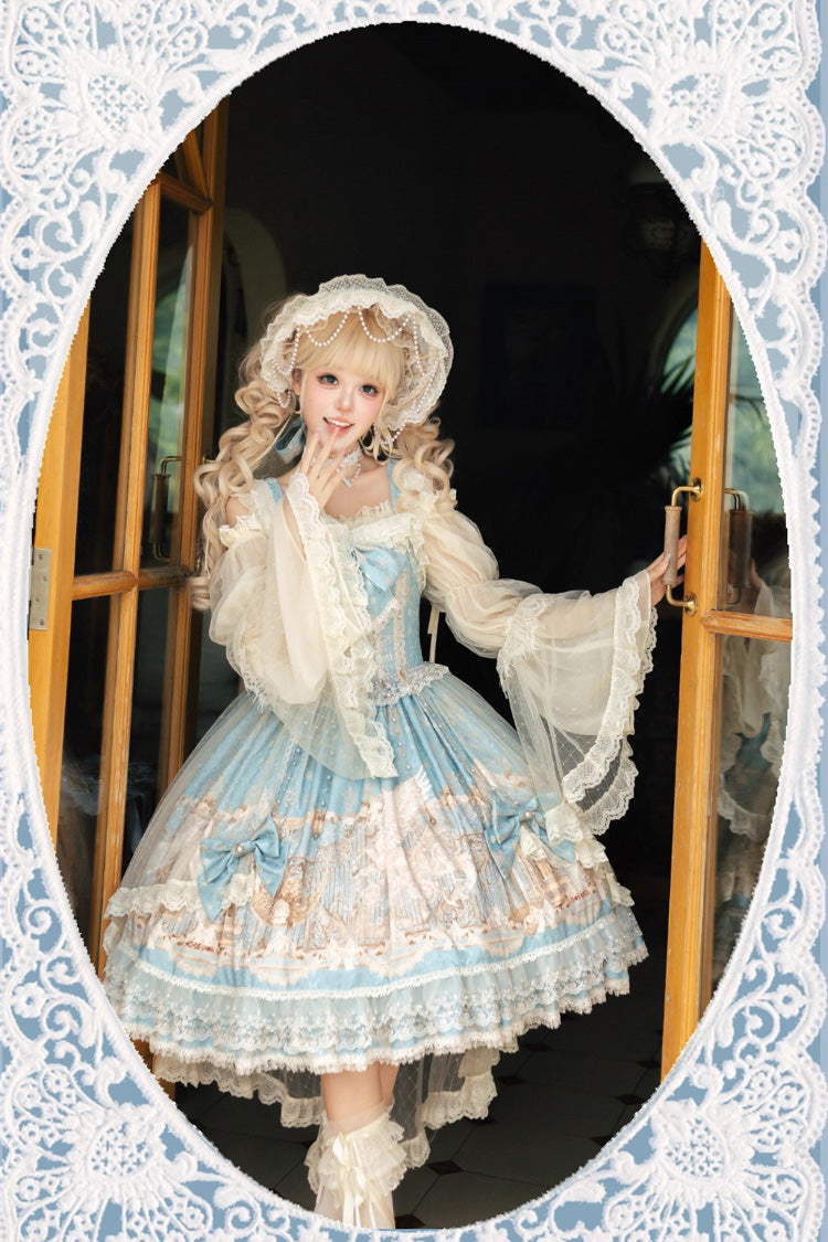 Blue Unicorn Print Sleeveless Multi-Layered Embroidery Bowknot Lace Sweet Lolita Jsk Dress