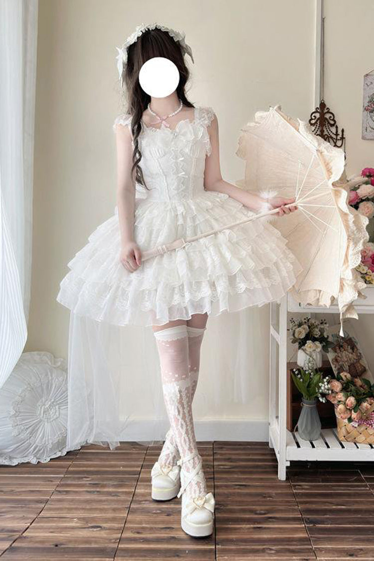 White From Broken Wings to Rebirth Sleeveless Multi-Layered Ruffle Bowknot Lace-Up Gothic Ballet Lolita Jsk Dress