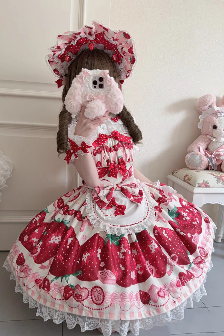 Dream to Strawberry Print Ruffle Bowknot Lace Sweet Lolita Jsk Dress 4 Colors