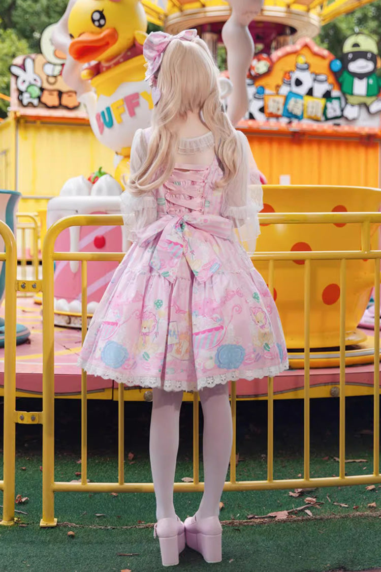 Pink Macaron Dolly House Sleeveless Print Bowknot Sweet Lolita Jsk Dress