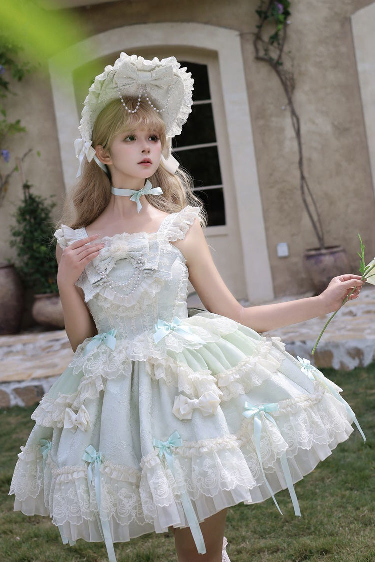 Green Blossoming Heart Love  Sleeveless Dark Jacquard Print Bowknot Lace Sweet Lolita Jsk Dress