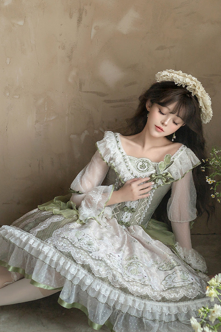 Green Teacup Rabbit Little Fresh Print Ruffle Bowknot Lace Lace-Up Sweet Lolita OP Dress