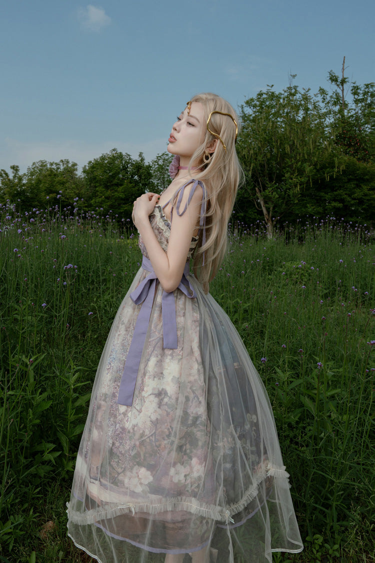 Purple Oil Painting – In the Shade of Blossoming Trees Sleeveless Print Ruffle Bowknot Lace Sweet Lolita Jsk Dress