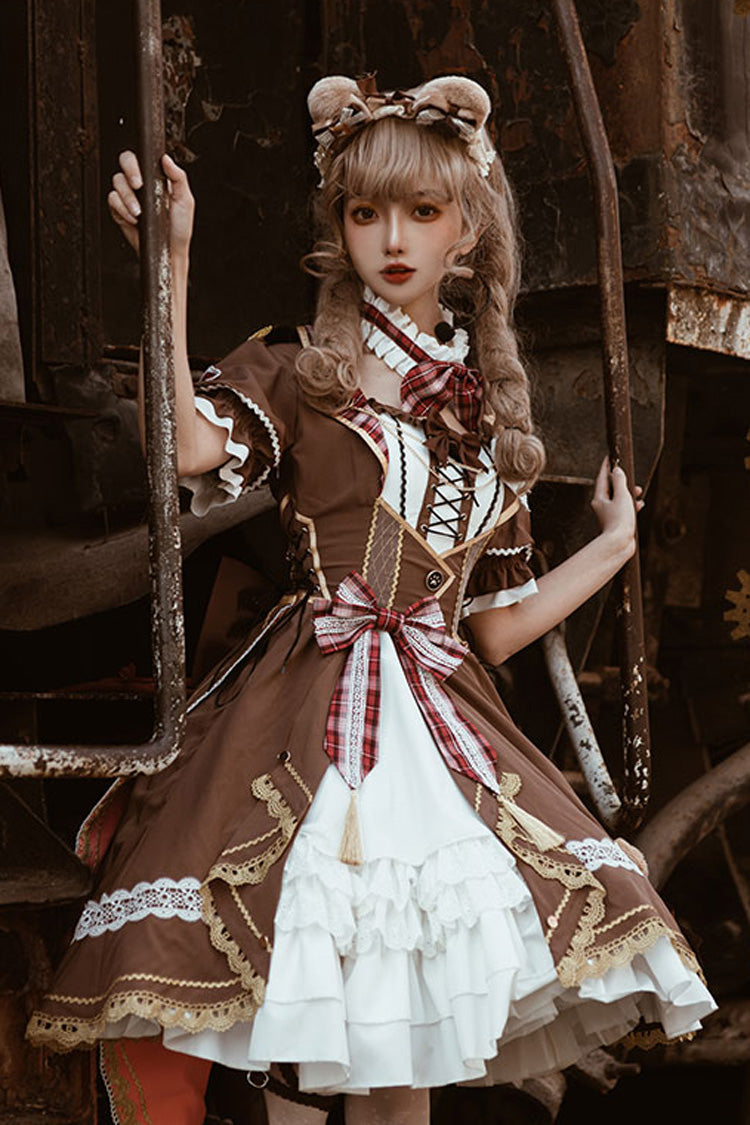White/Brown Bear Detective Short Sleeves Ruffle Cardigan Bowknot Gothic Punk Lolita Dress