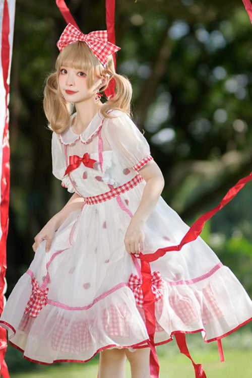 White/Red Round Collar Short Sleeves High Waist Strawberry Print Sweet Lolita Dress