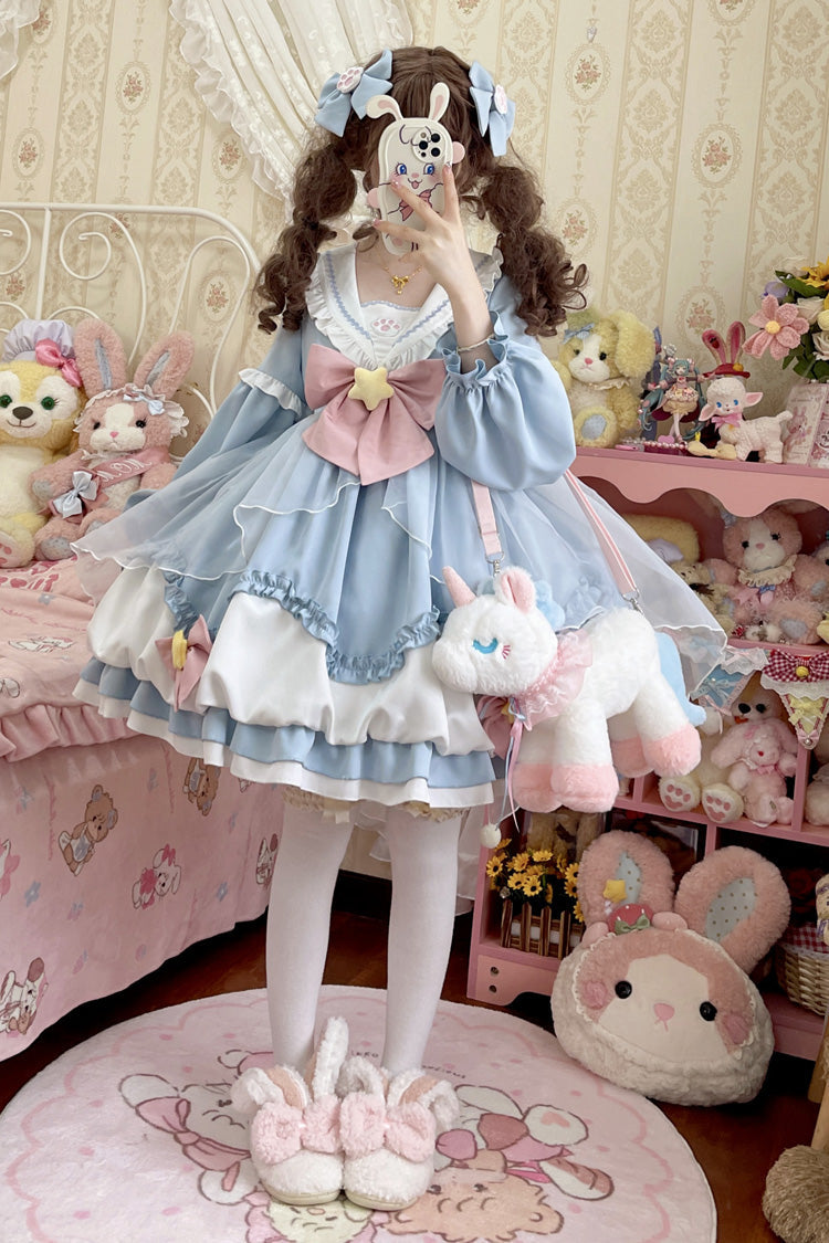 Pray Star Long Sleeves Double-Layered Ruffle Bowknot Stitching Lace Sweet Lolita Dress 5 Colors