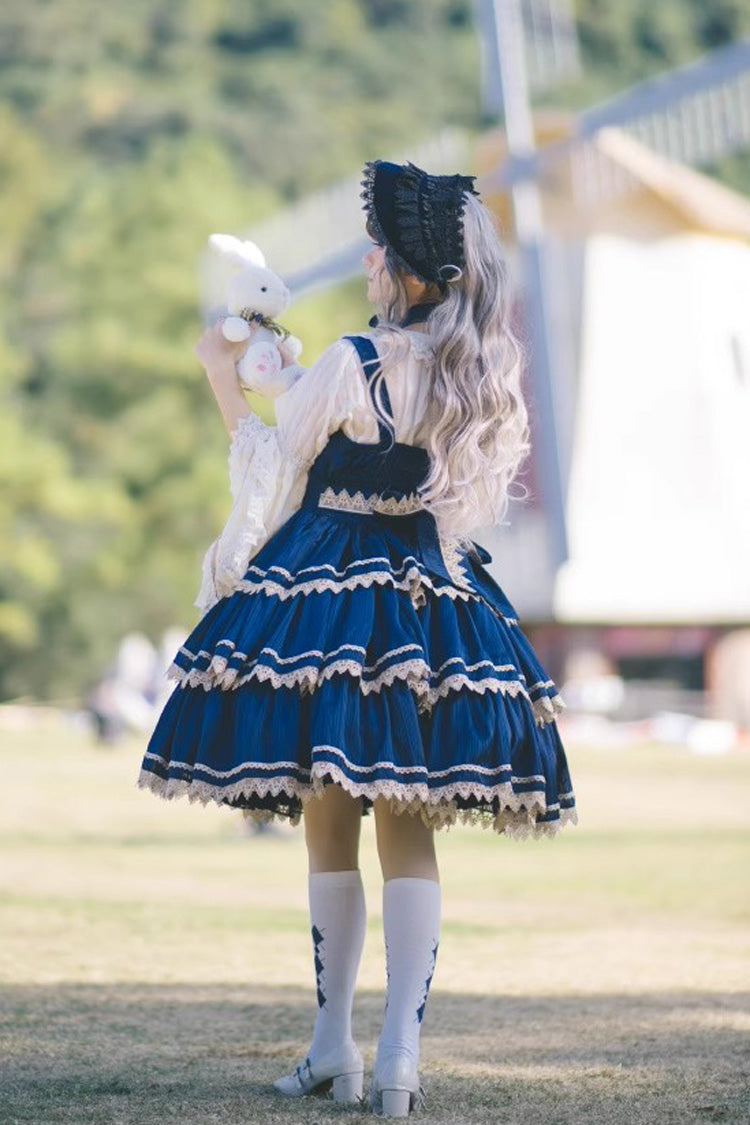 Dark Blue Three-section Cake Sleeveless Ribbon Sweet Lolita Tiered Dress