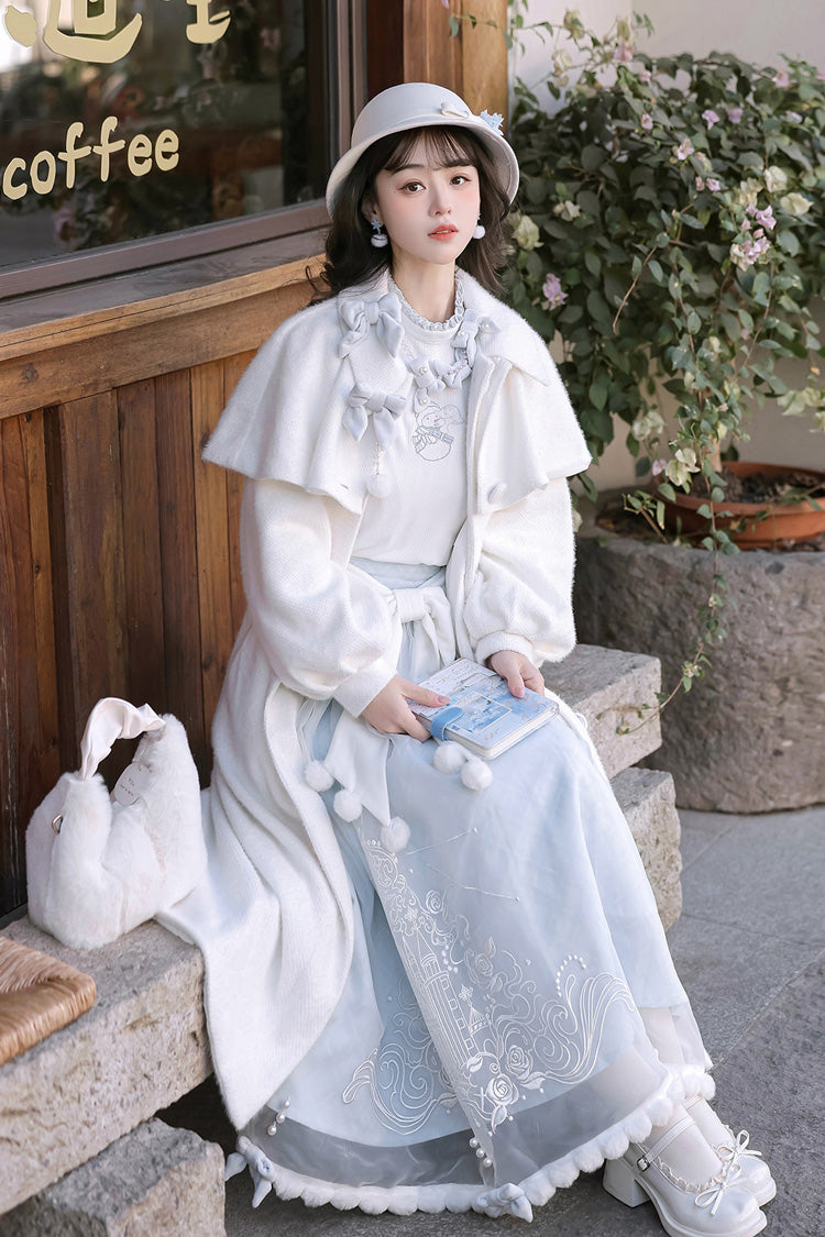 White/Blue Sunny Sky Snow Doll Long Sleeves Embroidered Bow Sweet Elegant Lolita Skirt Coat Set