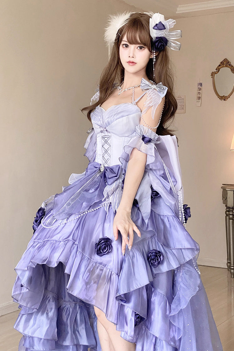 Misty Purple Swan Wonderland Embroidery Bowknot Lace-Up Short Front Long Back Irregular Sweet Ballet Lolita Jsk Dress