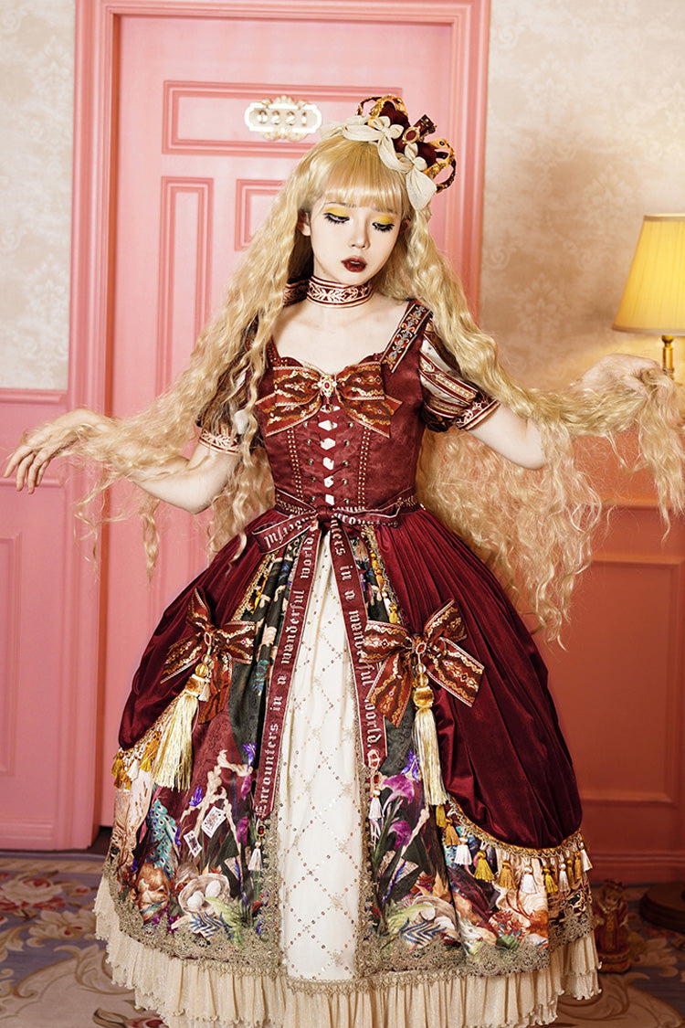 Red Kaleidoscope of Dreams Double-Layered Print Embroidery Bowknot Lace-Up Classic Vintage Gorgeous Lolita Dress