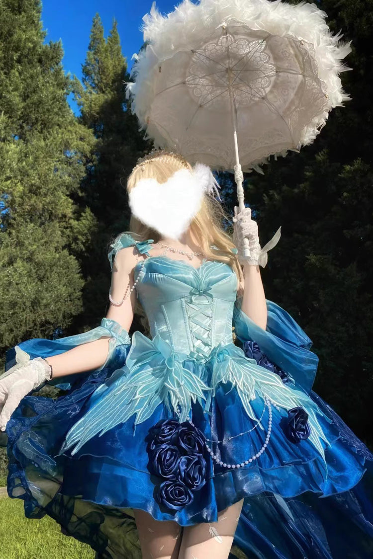 Undersea Blue Swan Wonderland Embroidery Bowknot Lace-Up Sweet Ballet Lolita Jsk Dress Short Version