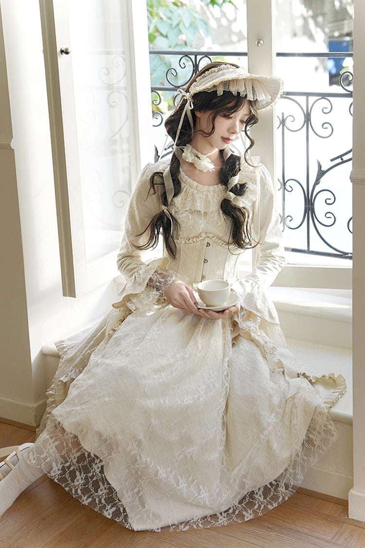 Ivory White Tea Long Sleeves Ruffle Bowknot Lace Irregular Classic Princess Lolita Dress