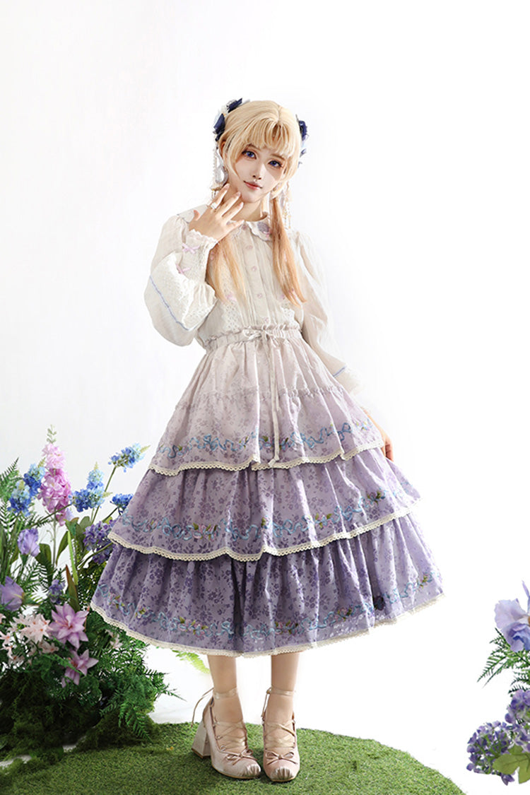Purple Moonlight Iris Triple-Layered Print Ruffle Embroidery Lace Sweet Lolita Skirt