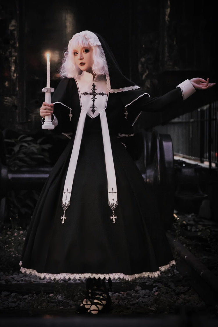 Black Nun Long Sleeves Print Stitching Lace Gothic Elegant Lolita Dress