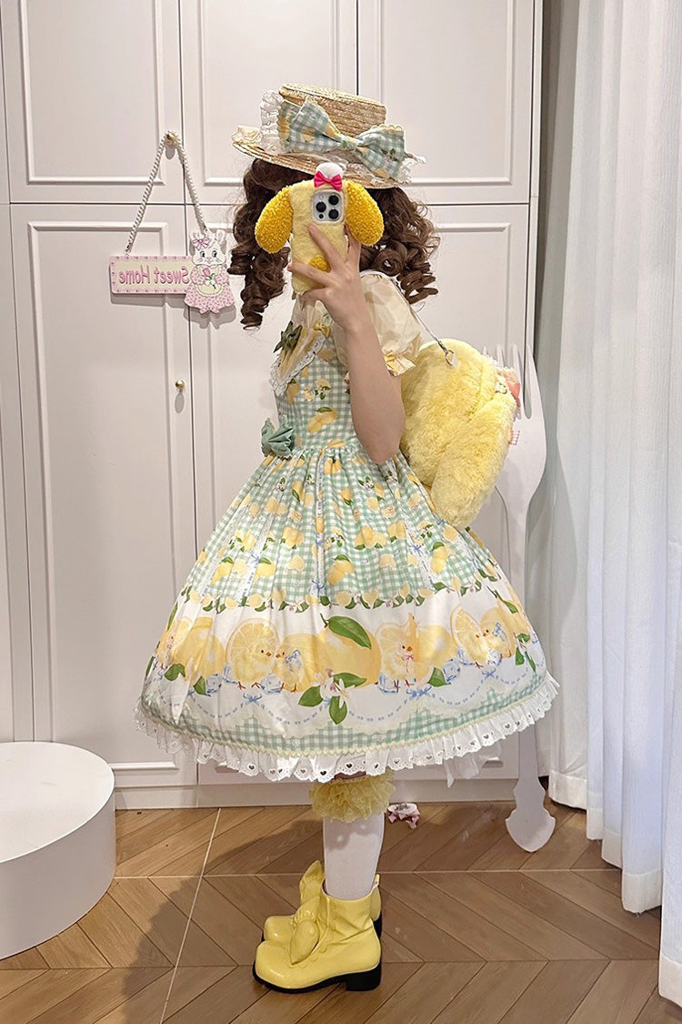 Green Lemon Chicken Print Ruffle Bowknot Lace Sweet Lolita Jsk Dress