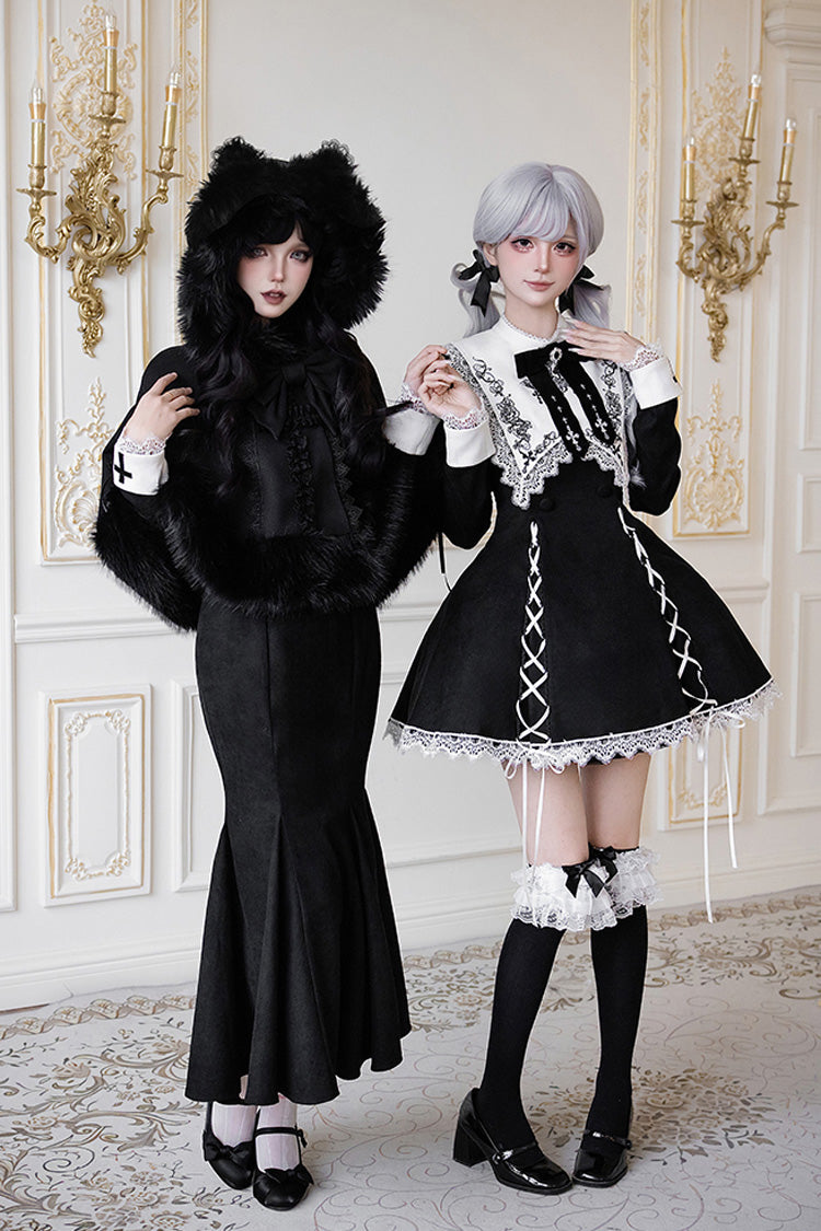 Black/White Rose Doll Square Collar Long Sleeves Bowknot Lace-Up Gothic Lolita Dress Set 2 Versions